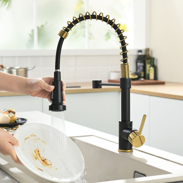 FLG Matte Black Kitchen Faucet,Black And Gold Kitchen Faucet With Pull